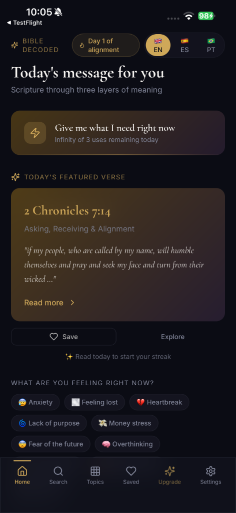 The Bible Decoded home screen: today's featured verse, a personal message for the day, and a grid of feelings to explore, including anxiety, heartbreak, lack of purpose and overthinking