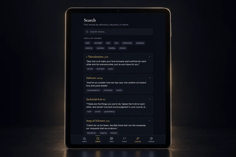 Product mockup of Bible Decoded on iPad, showing verse search, popular themes, and matching Bible passages.