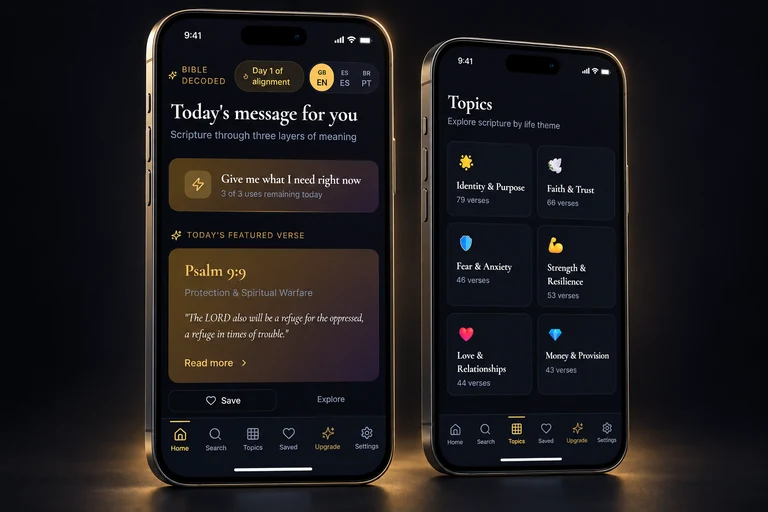 Product mockup of Bible Decoded on two phones, showing today's featured verse and topics including faith, purpose, and relationships.